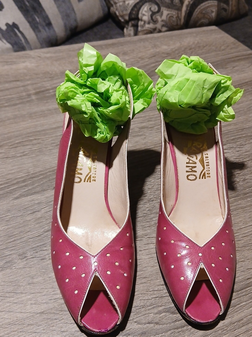 Vintage Salvatore Ferragamo Pink Polka Dot Peep-Toe Slingback Heels Size 8